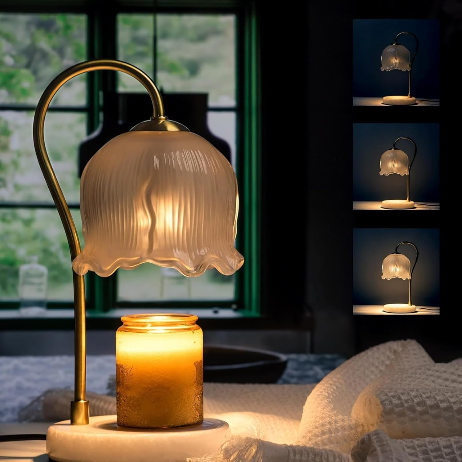 Candle Warmer Lamp, Flower Glass Candle Warmer Light, Dimmable Table Lamp, Vintage Candle Lamp with Marble Base, for Women, Mom, Female Friend, Romantic Vintage Style Gifts (Amber)