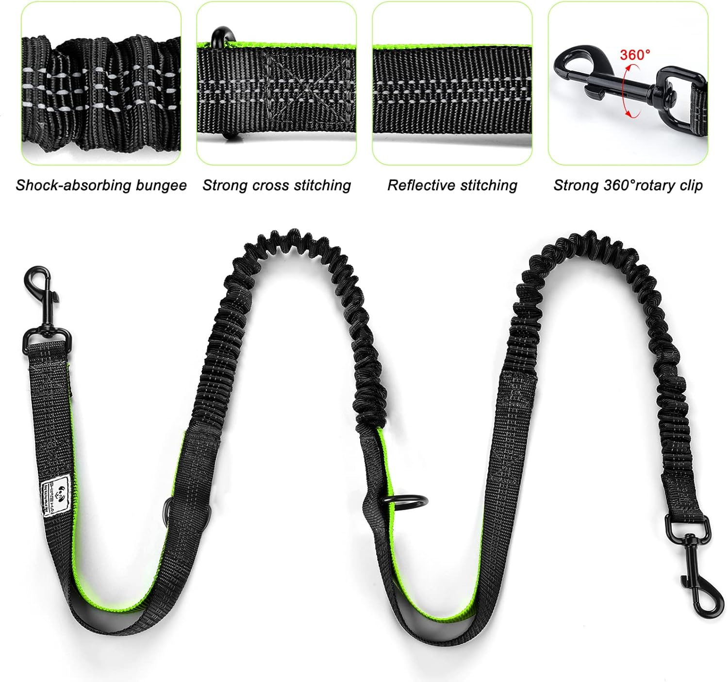 Shine HAI Retractable Hands Free Dog Leash with Dual Bungees for 2 Dogs, Adjustable Waist Belt, Reflective Stitching Leash for Running Walking Hiking Jogging Biking Black - Green MA-US22-DL image number 3
