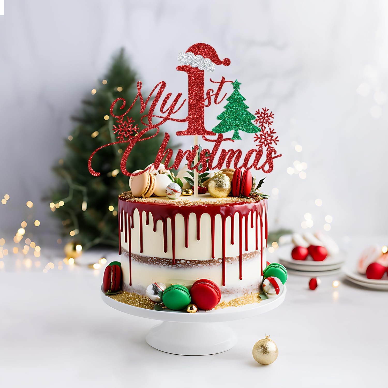 My 1St Christmas Cake Topper, Christmas 1St Birthday, Winter Xmas Baby Shower Decor, Baby'S First Christmas Party Decorations, Red Glitter