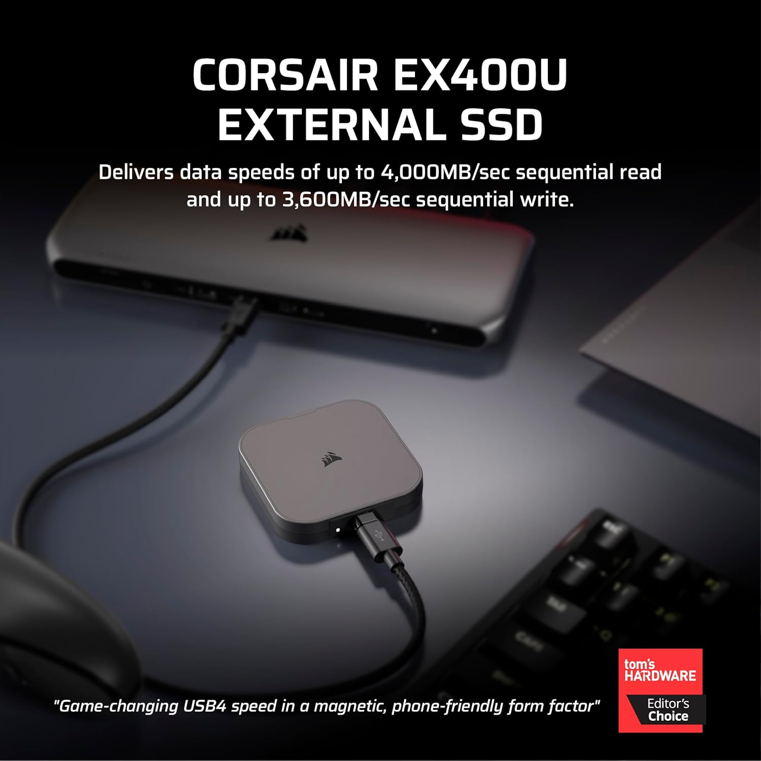 CORSAIR EX400U 4TB USB4 Portable External USB Type-C SSD &ndash; USB4, USB 3.2 Gen2 2X2 Connections, up to 40Gbps, Plug and Play, Magsafe, Includes USB-C to USB-C (USB4) Cable &ndash; Windows PC, Ios Mac &ndash; Grey image number 2