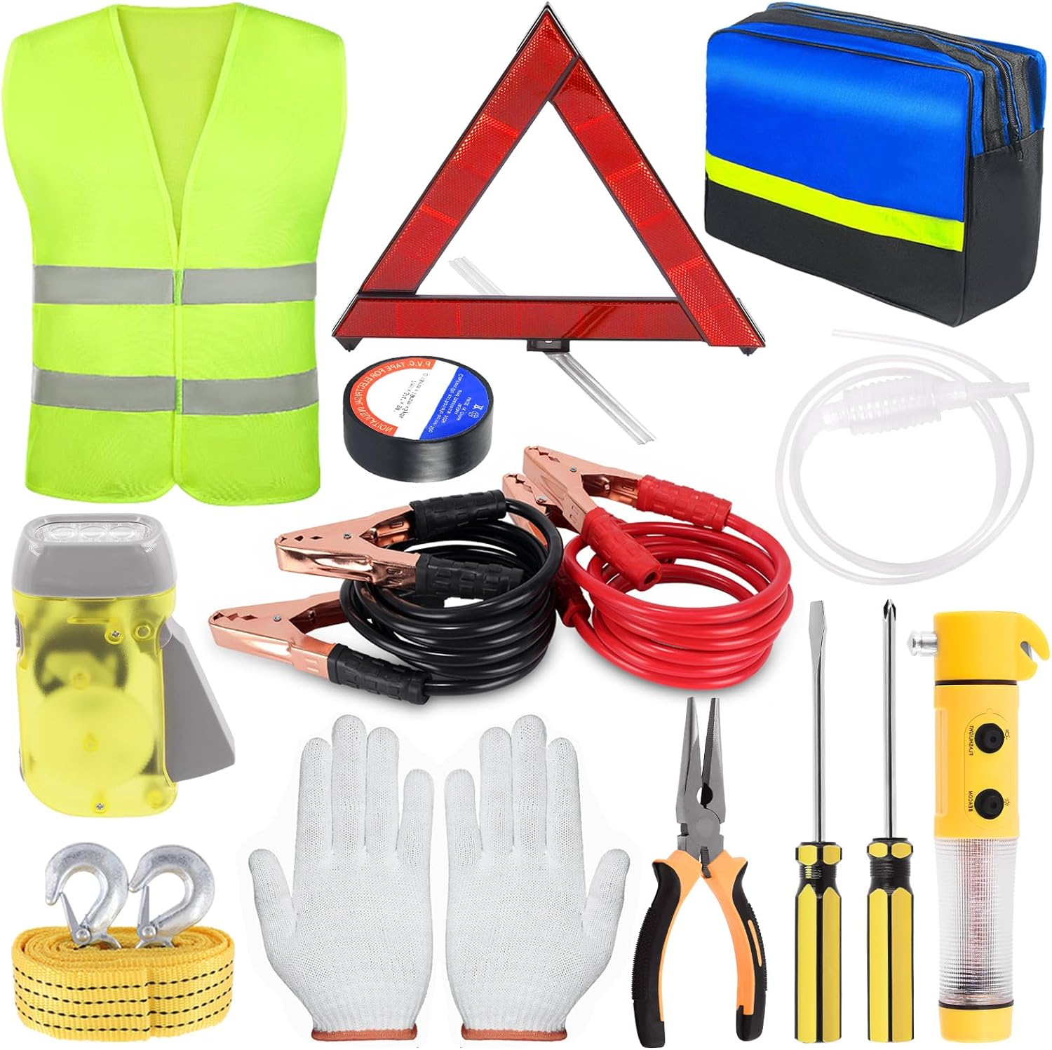 13Pcs Car Emergency Kit Auto Safety Roadside Assistance Tool Kit with Reflective Triangles, Hand Pressing Flashlight, Reflective Vest, Tow Strap, Car Safety Hammer for Vehicles Car image number 1