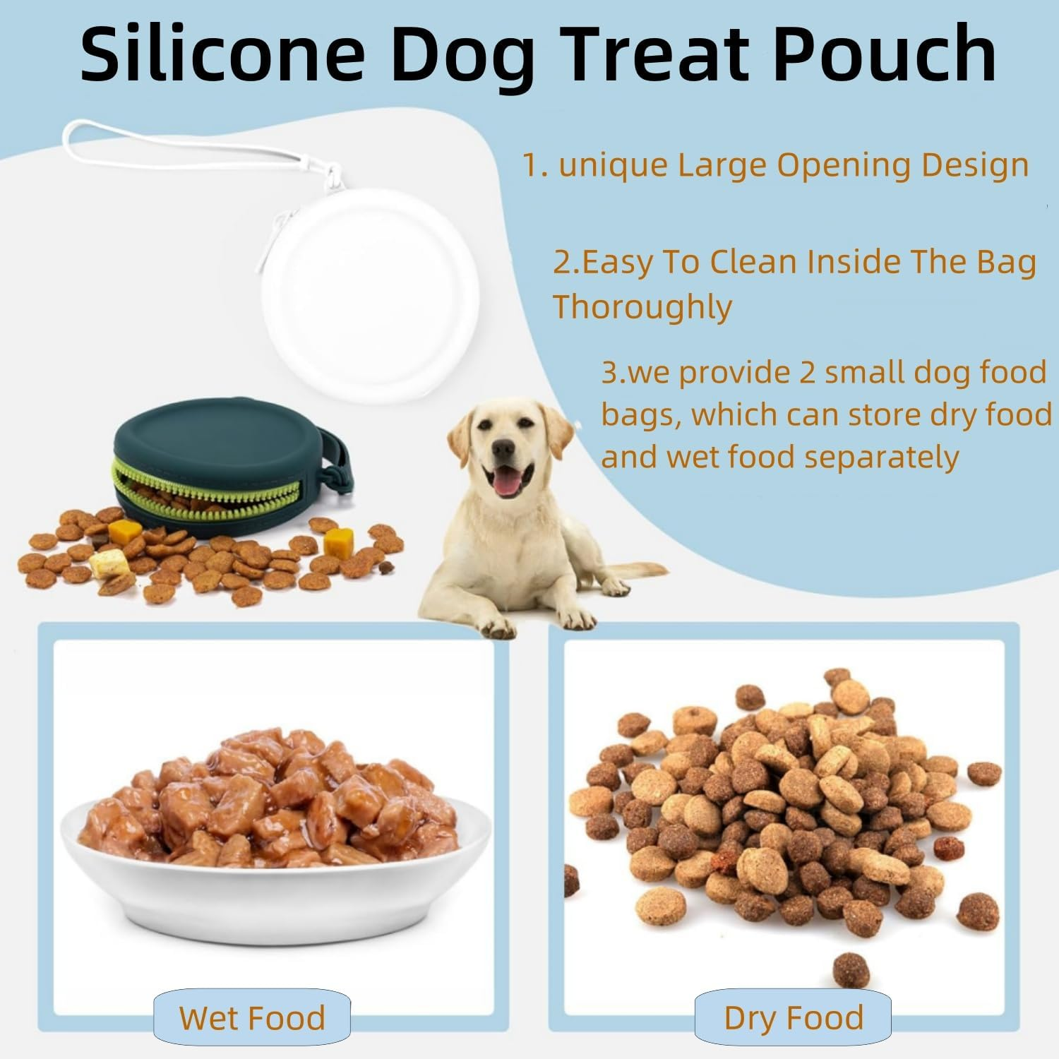 Silicone Dog Treat Pouch, 2Pcs Dog Treat Bag with Wrist Strap & Waist Clip Design, Portable Waterproof Pet Training Bag, Puppy Small Snack Pocket for Walking (Drak Green&White) image number 1