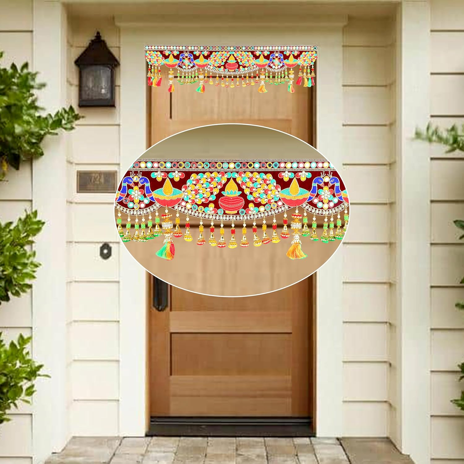 Artificial Door Toran Hanging Is Made of Colourful Thread Tassels with Moti Beads Set Door Hanging Bandanwar for Home Decor Entrance for Indian Traditional New Year Festival Decorations(Size:-36"X10") image number 6