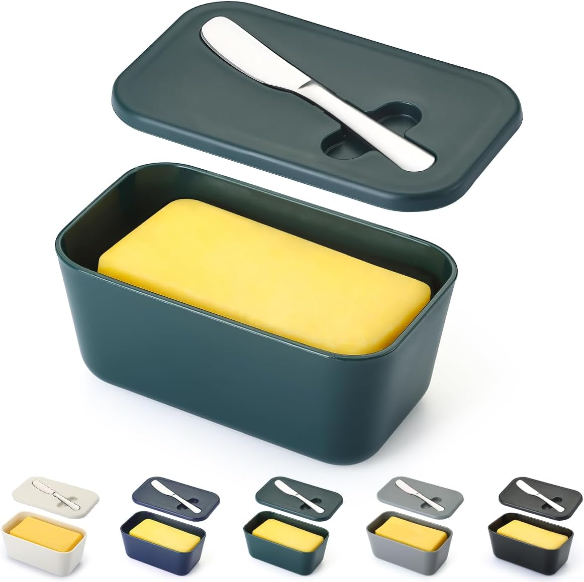 Butter Dish with Lid for Countertop and Refrigerator Door Shelf, Reanea Plastic Butter Holder Tray Container with Butter Knife, Easy Scoop Dishwasher Safe