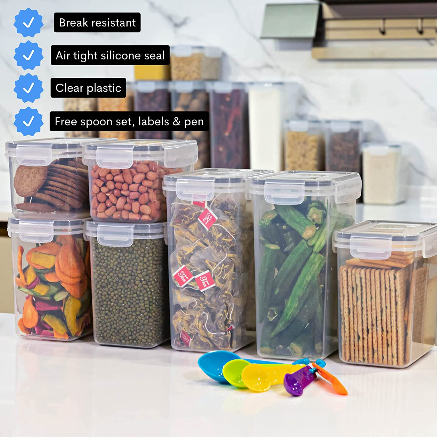 The Good Home &trade; Airtight Food Storage Set of 24 Pieces &ndash; Great for Dry Food, Cereal, Pet Food, Kitchen and Pantry Organiser with Labels, Pen and Spoon Set image number 1