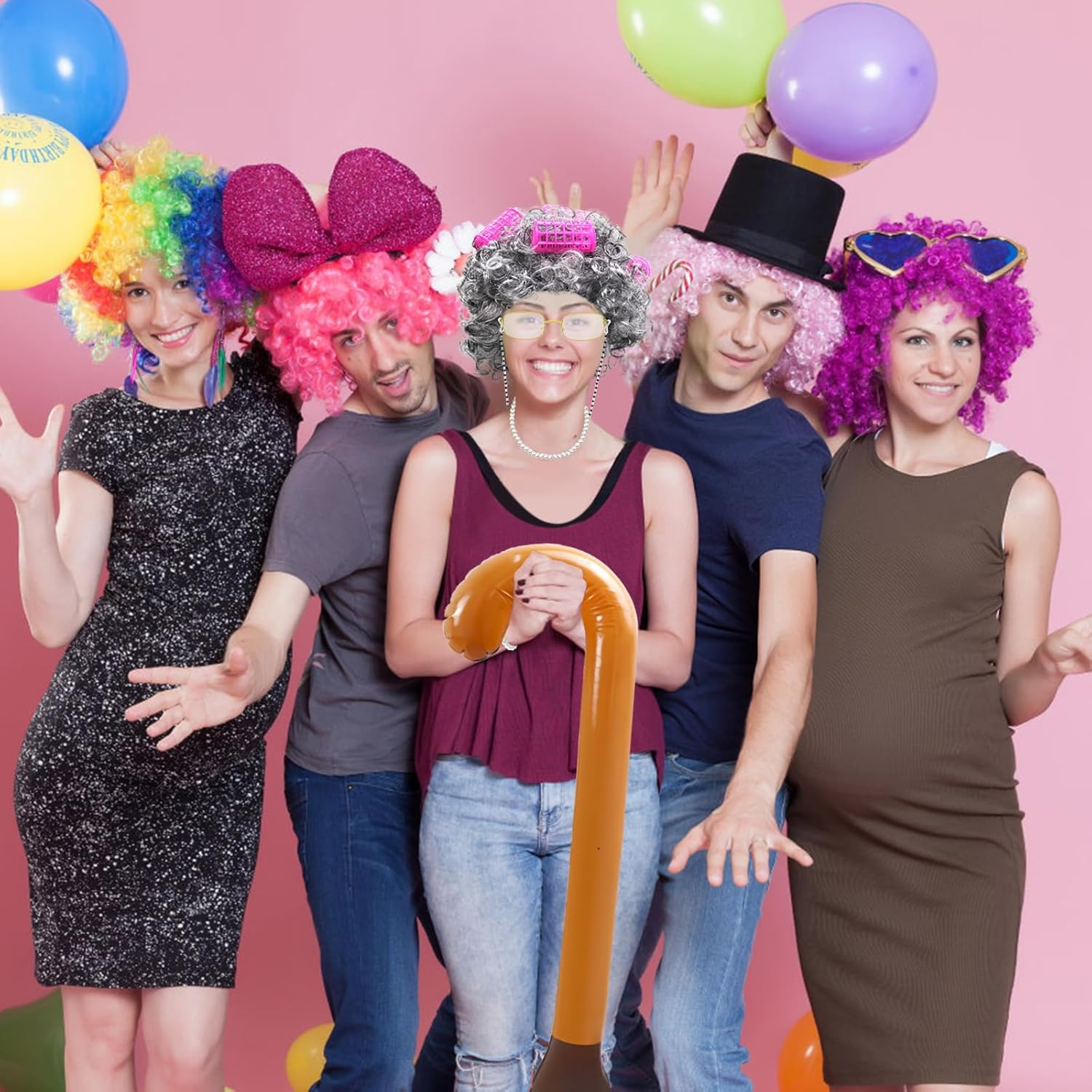 10Pcs Old Lady Costume Set, Grandma Wig Cap Including Glasses Pearl Earring Bracelet Necklace Inflatable Walking Stick, Grandmother Fancy Dress Costume for Christmas Halloween World Book Day image number 1