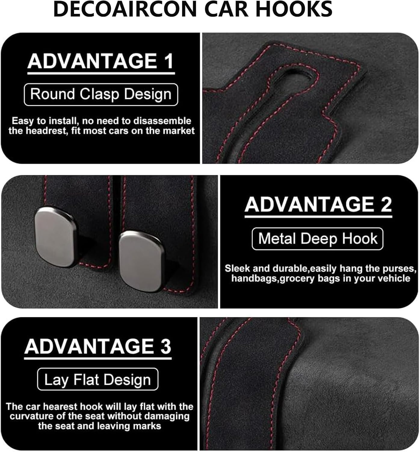 1 Pack Car Hooks for Headrest, Headrest Hooks Car Purse Hook Car Seat Back Storage Hook Premium Leather Car Seat Holder for Headrest Purses and Bags (Black) - Black*1 image number 6