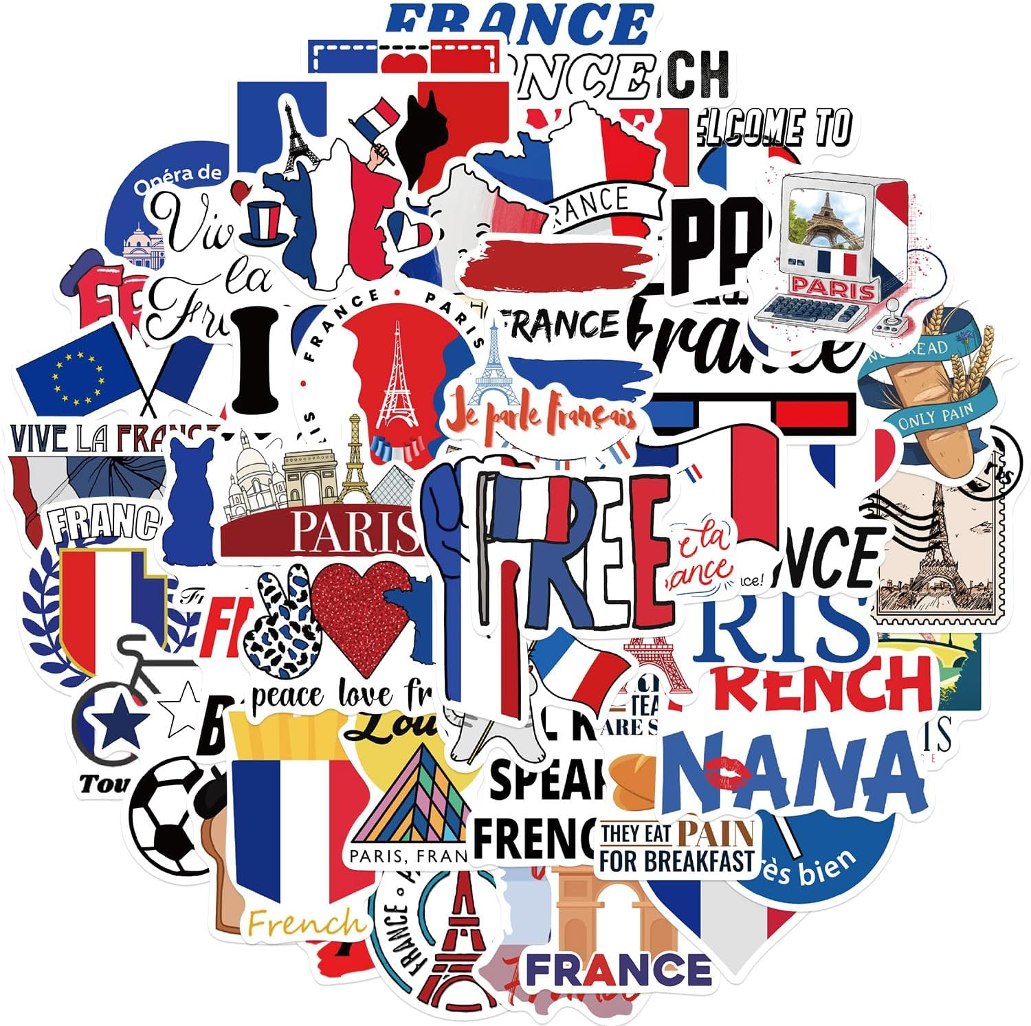 City France Stickers,50 PCS France Vinyl Waterproof Decals for Water Bottles Computer Bicycle Skateboard Luggage Phone Pad Laptop Kids Teens Stickers Pack image number 6