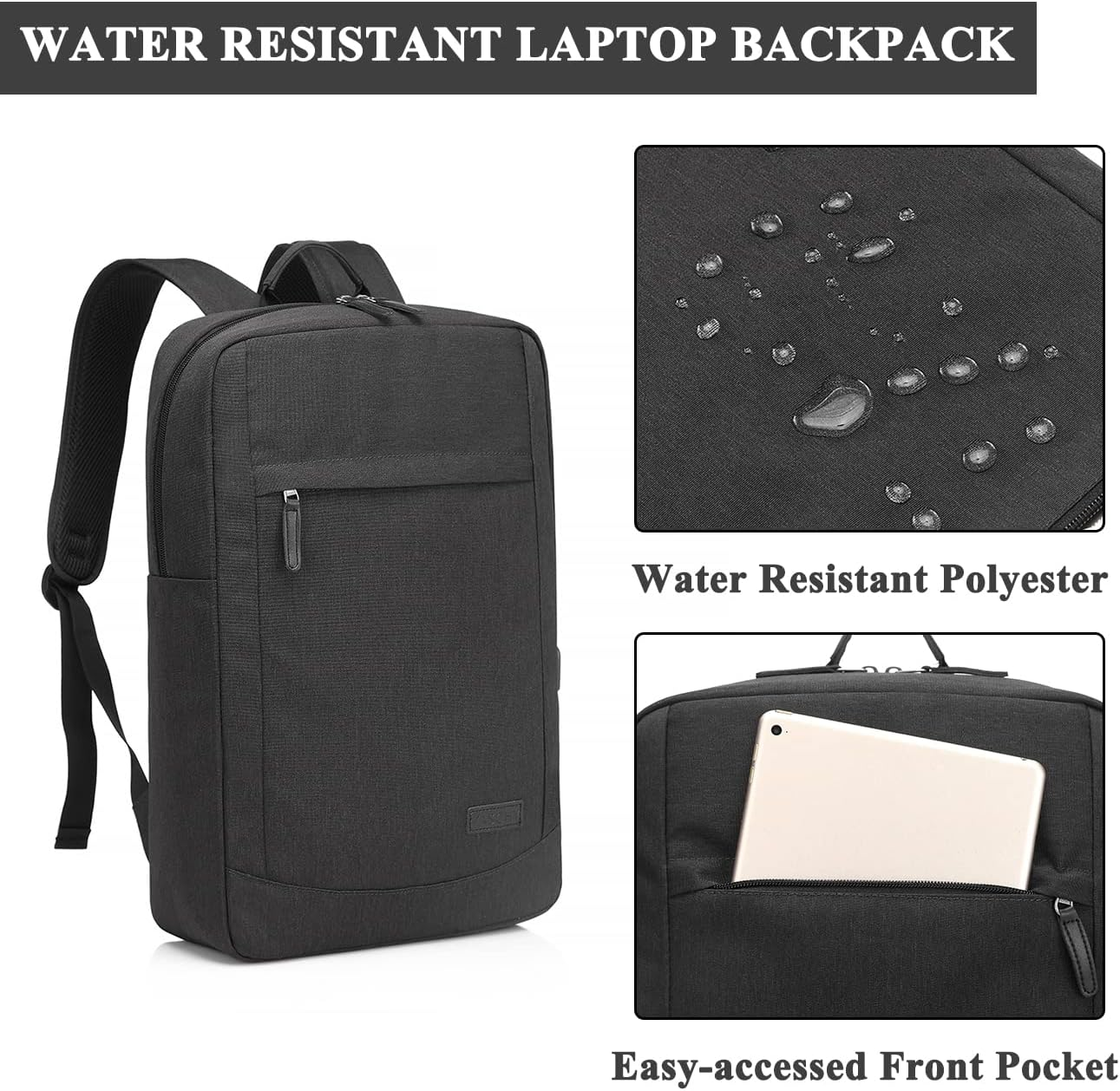 Laptop Backpack for Men Women, VASCHY Lightweight Business Backpack Fits 15.6-17 Inch Laptop College School Computer Bag for Work Travel Rucksack with USB Charging Port Black - Black image number 3