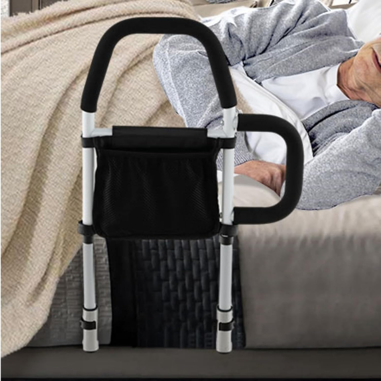Bed Rail for Elderly Height Adjustable Medical Bed Support Bar Bed Safety Assist Rail Support up to 136 Kg with Dual Handrail Storage Pocket Fixing Strap Fits King Queen Twin Full Bed 60Cmx52Cmx28Cm image number 3