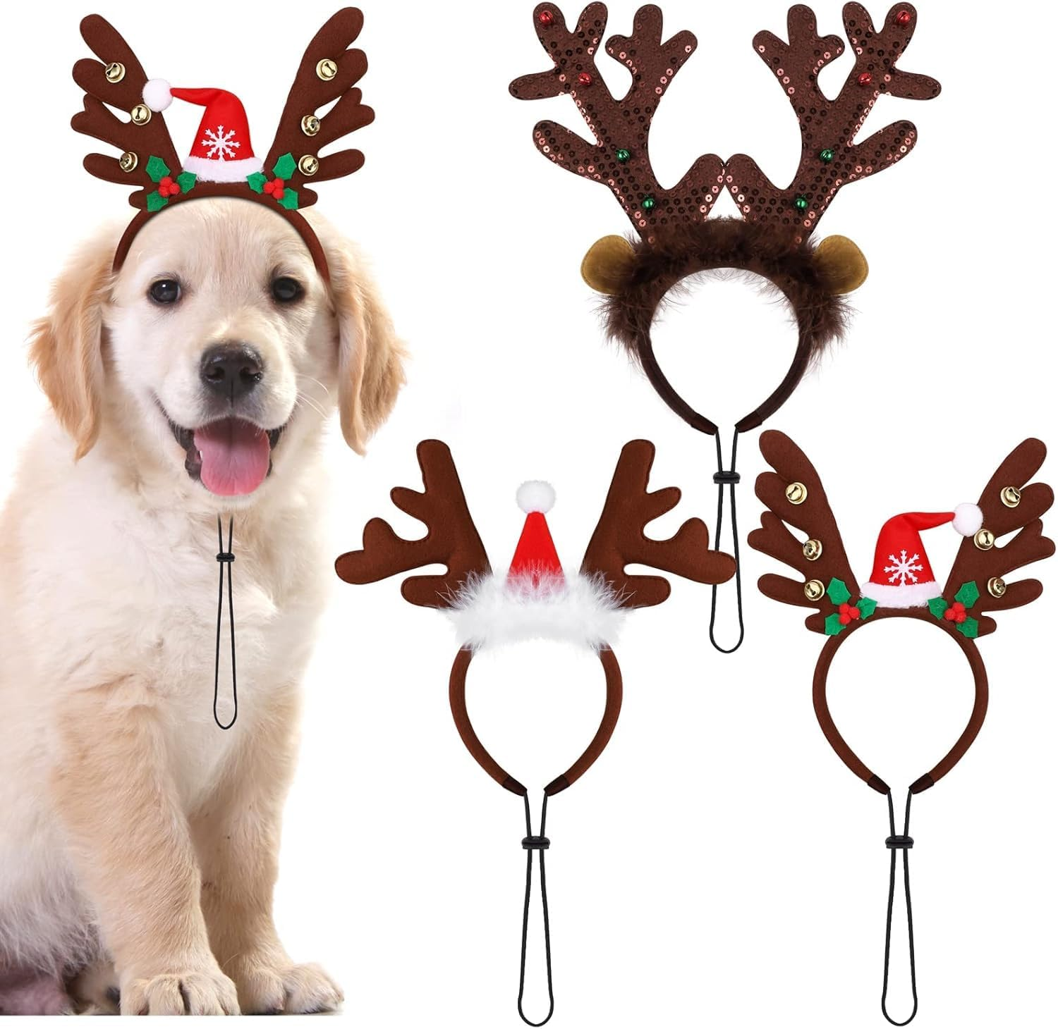 3 Pack Christmas Pet Headwear Xmas Hair Loop Brown Reindeer Antlers Headband Christmas Pet Costume Hair Accessory for Dogs (Brown, One Size) image number 1