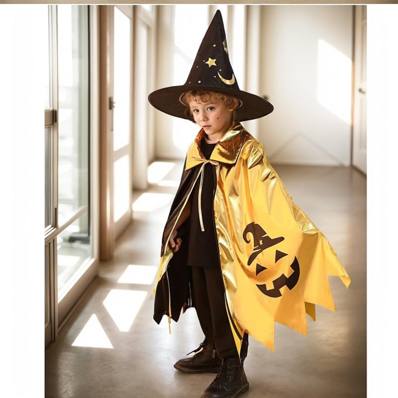 Kids Wizard Cape Set Witch Cloak with Hat Halloween Wizard Role Play Costumes for Boys Girls Halloween Wizard Cosplay image number 3