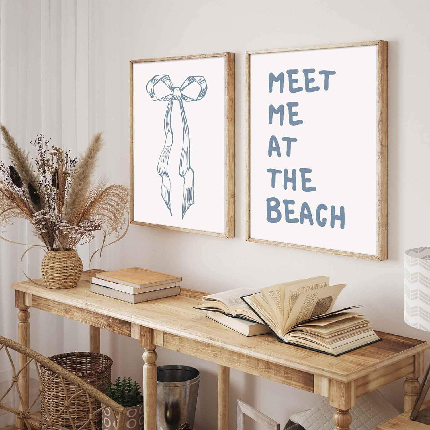 2Pcs Trendy Meet Me at the Beach Wall Art Blue Coastal Granddaughter Hair Bow Prints Beachy Aesthetic Room Decor Posters Preppy Wall Decor Pictures for Girly Dorm Apartment Unframed 12X16In image number 5