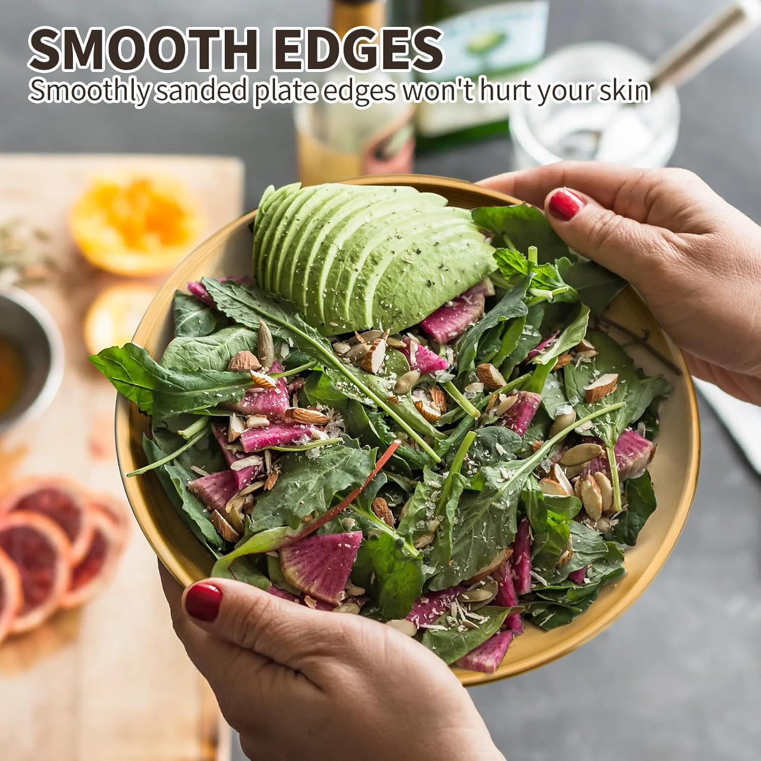 8-Piece 7.8-Inch Appetizer Plate with Stand Set Gold Silver Stainless Steel round Plates Suitable for Cakes Desserts, Salads, Dips, Snacks, Side Dishes (Gold, 7.8Inch) image number 7