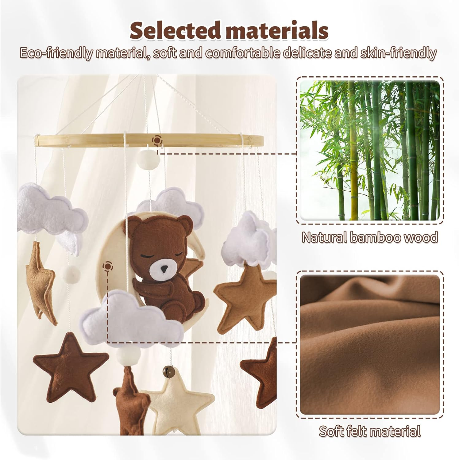 Promise Babe Mobile Baby Wind Chimes Clouds Star Moon Baby Mobile with Bear Handmade Wooden Crochet Animal Wind Chime Bed Bell Pendant for Hanging Baby Bed Nursery Changing Table Playpen Decoration - Felt Bear Mobile image number 6
