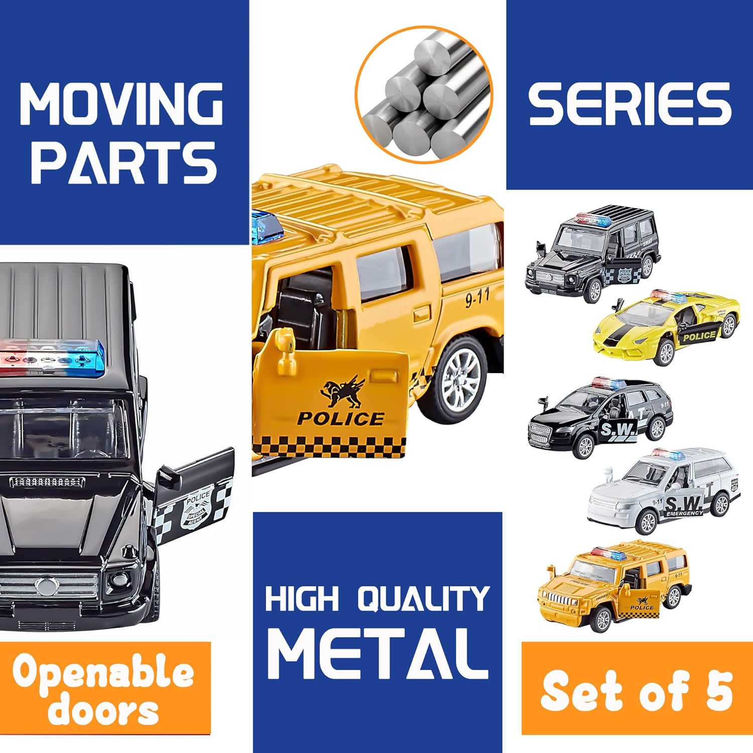 KIDAMI Die Cast Metal Toy Cars Set of 5, Openable Doors Pull Back Car Gift Pack for Kids (Police Car) image number 1