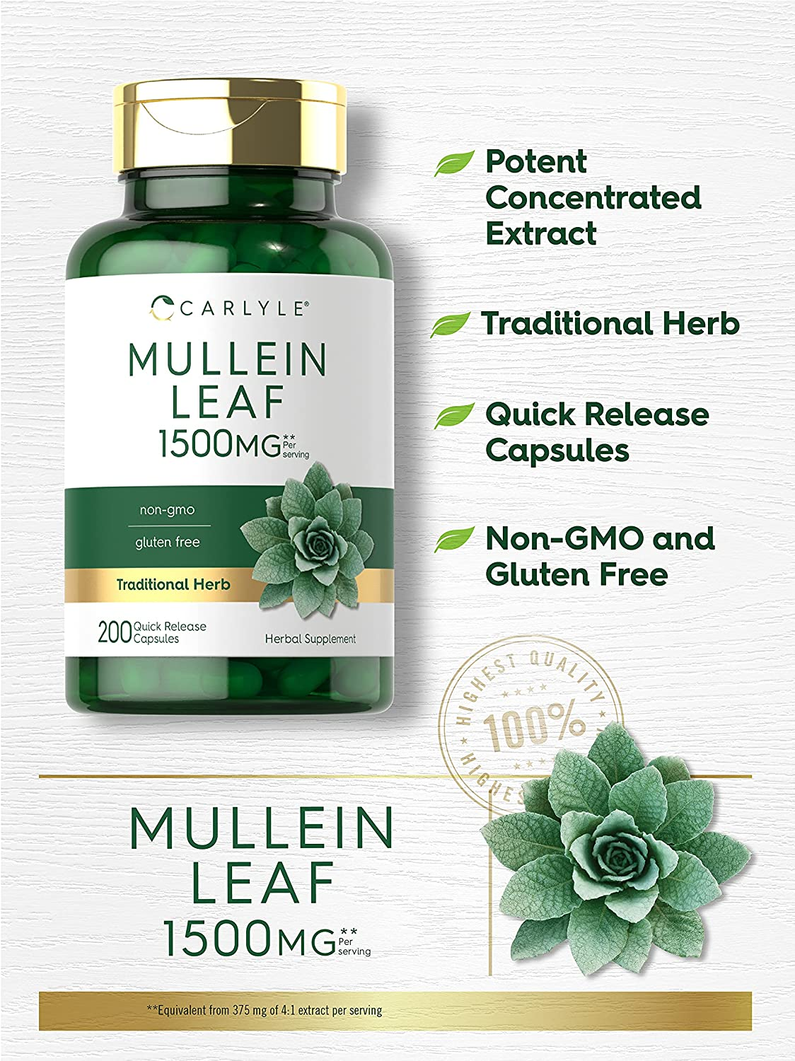 Mullein Leaf Capsules 1500Mg | 200 Count | Verbascum Thapsus | Non-Gmo, Gluten Free Supplement | by Carlyle image number 4