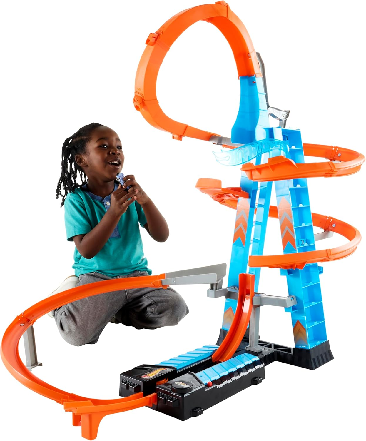 Hot Wheels Sky Crash Tower Track Set, 2.5+ Ft / 83 Cm High with Motorized Booster, Orange Track & 1 Hot Wheels Vehicle, Race Multiple Cars, Kids 5 to 10 Years Old & Up image number 4