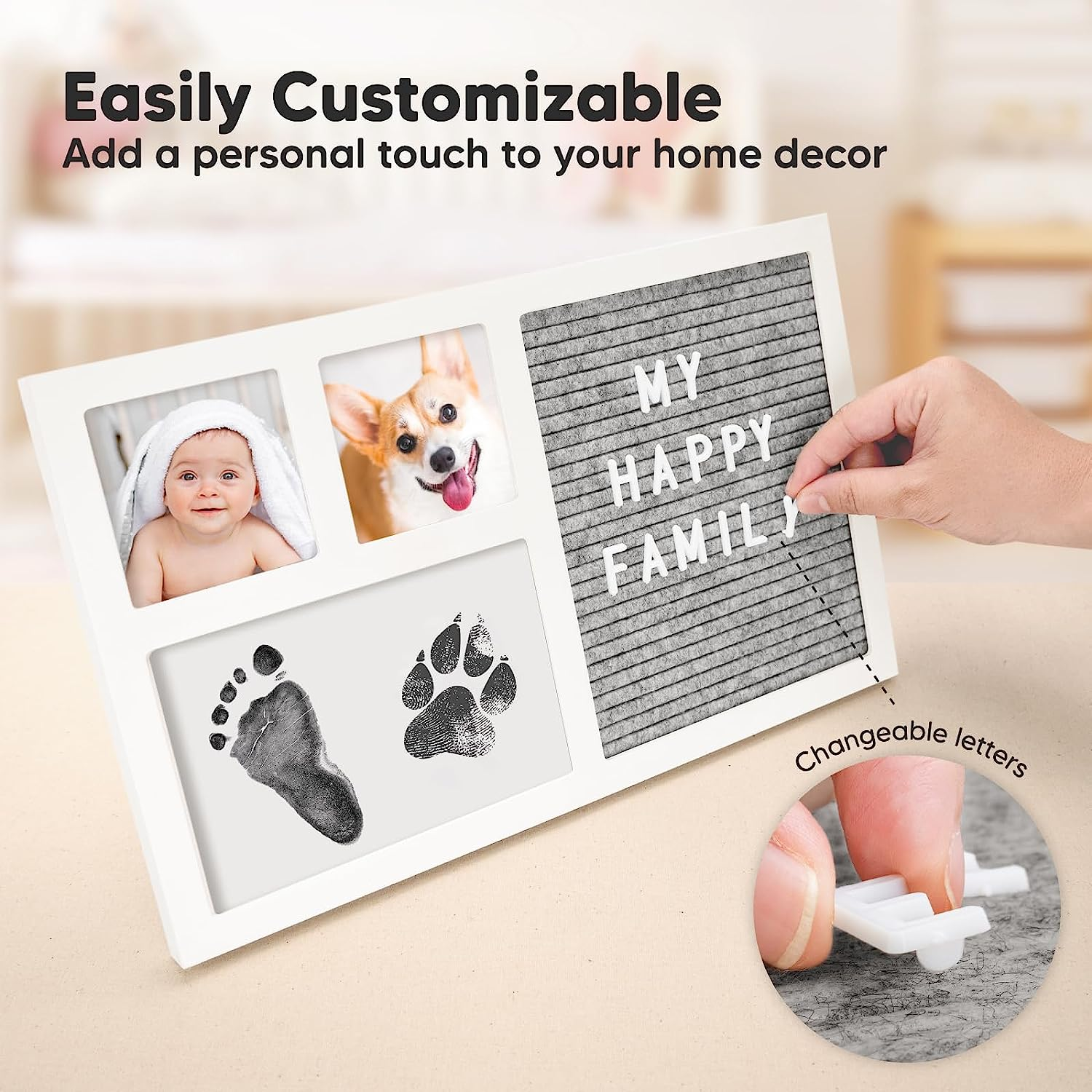 Baby Hand & Footprint Kit with Felt Letterboard, Inkless Ink Pad - Personalized New Mom Gifts for Baby Announcement, Cute Nursery Newborn Picture Frame, Ideal Dog Nose & Paw Print Kit (Alpine White) image number 2