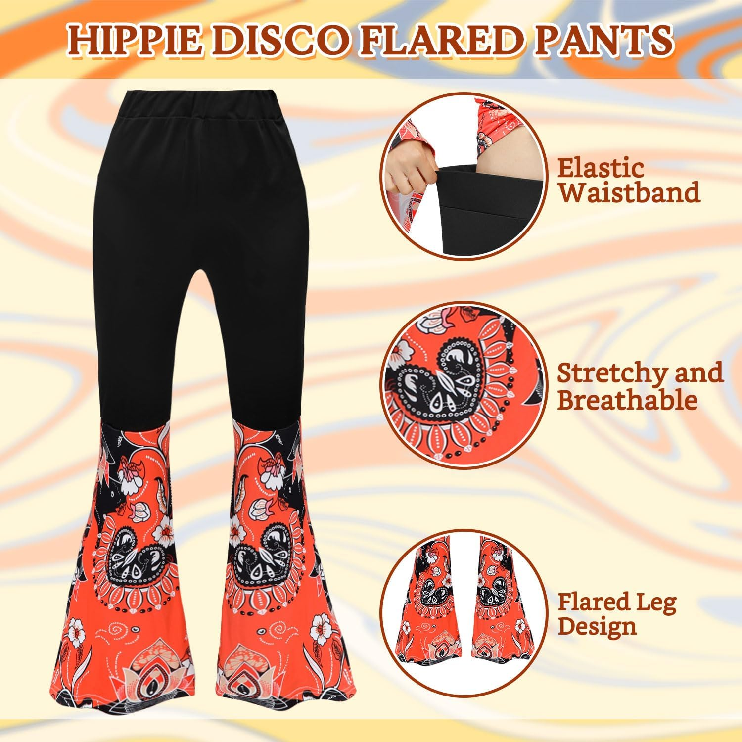 AUTOWT 7Pcs 60S 70S Outfits Womens Hippie Costume Set, Disco Hippie Outfit Dress Boho Flared Pants Hippie Shirt with Sunglasses Headband Earrings Necklace for Adults Halloween Cosplay