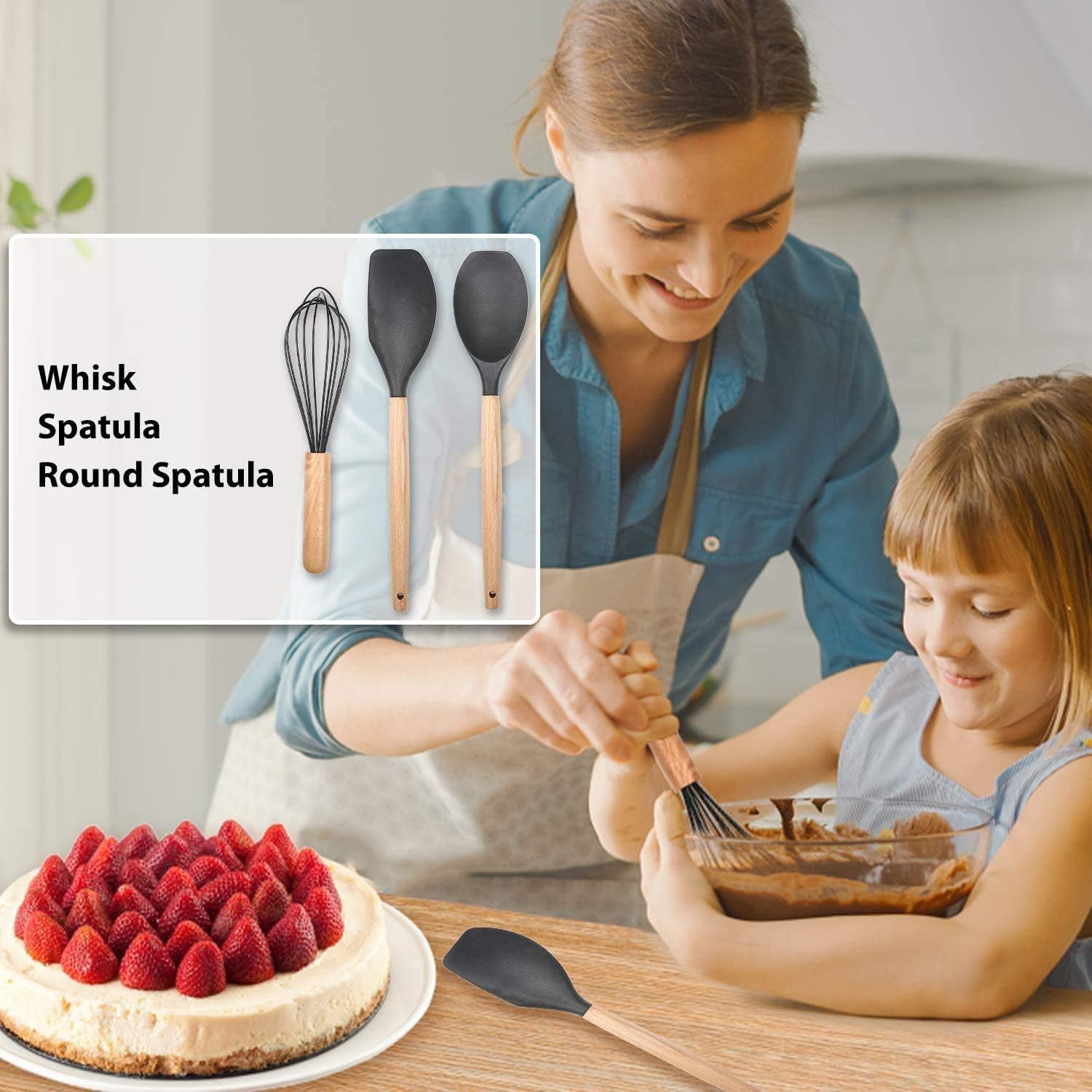 Kagoling Kitchen Utensil Set, Non-Stick Heat Resistant Kitchen Utensil Set, Silicone with Wooden Handle, 13 Pieces, Kitchen Utensils Including Spoons, Tongs, Whisk, Spatula image number 3