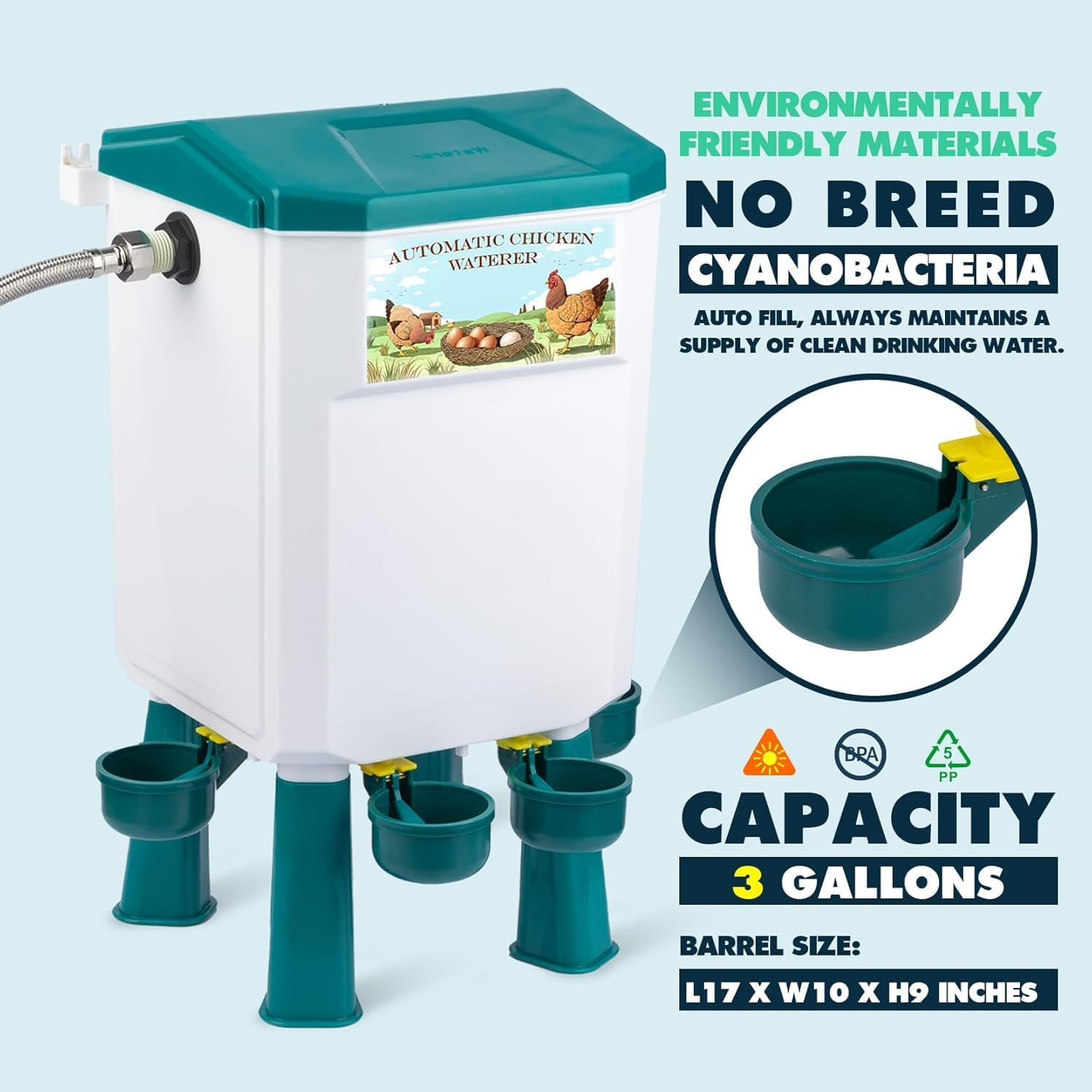 Automatic Chicken Waterer and Port Feeder Set,3 Gallon/25 Pounds,Free-Standing Chicken Waterer with Floating Controlle 12Kg / 11L Green image number 2