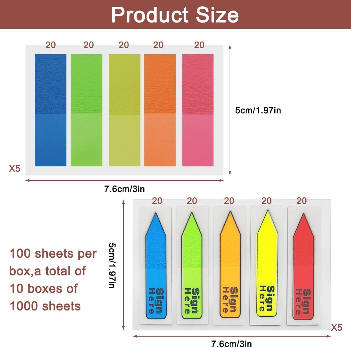 1000 Pcs, 2 Types, 500 Pcs Sign Here Tab + 500 Pcs Sticky Note Flag, Sign Here Sticker, Sign Here Flag, Index Tab Flag Sticker for Document Notebook Home Office School Supplies, 10 Pack, 5 Colors image number 3