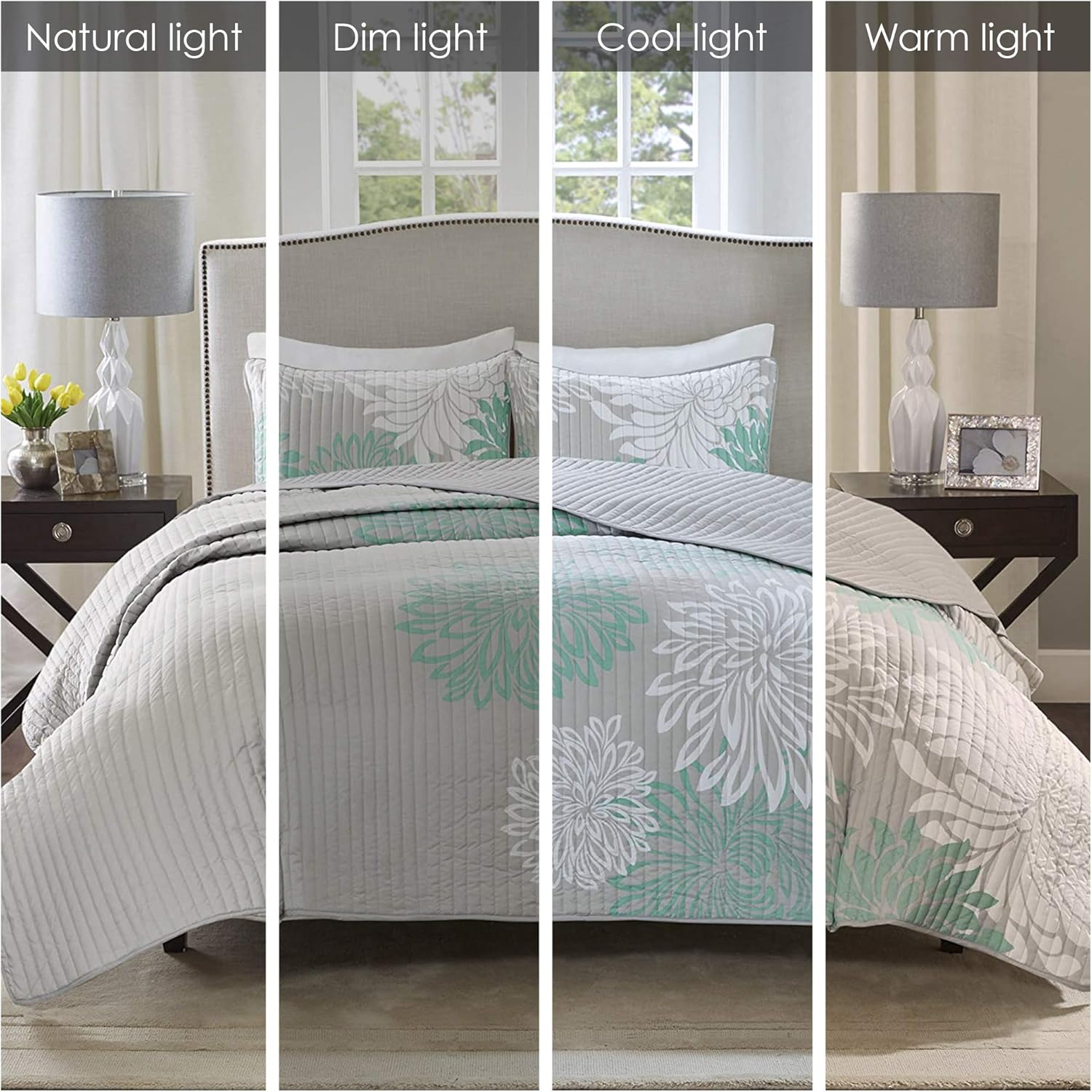 Comfort Spaces Enya Quilt Set - Casual Floral Print Channel Stitching Design, All Season, Lightweight Coverlet, Cozy Bedding, Matching Shams, Decorative Pillows, Full/Queen(90"X90"), Aqua 3 Piece image number 5