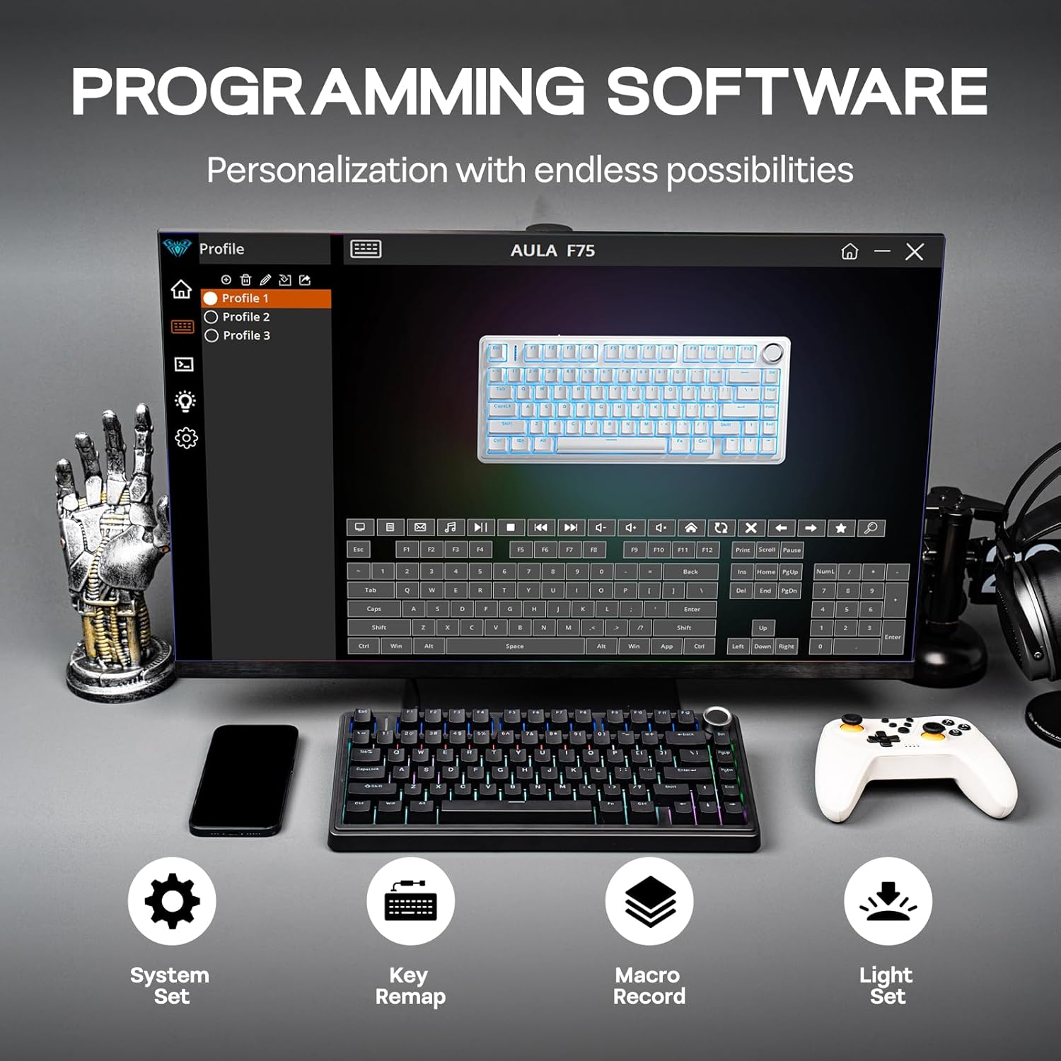 EPOMAKER Aula F75-Wired 75% Gaming Keyboard with Knob, Shine through ABS Keycap, Hot Swappable Creamy Mechanical Keyboard for Games/Office (Black) image number 2