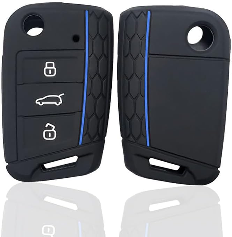 Misuyue Silicone Car Key Fob Covers for VW Golf 7 Mk7 Polo MK6 Touran Tiguan Tarraco T-Roc Seat Leon Cupra Ibiza Skoda Octavia Superb Kodiaq, 3 Button Remote Car Key Protection Case Accessories(Blue) image number 5