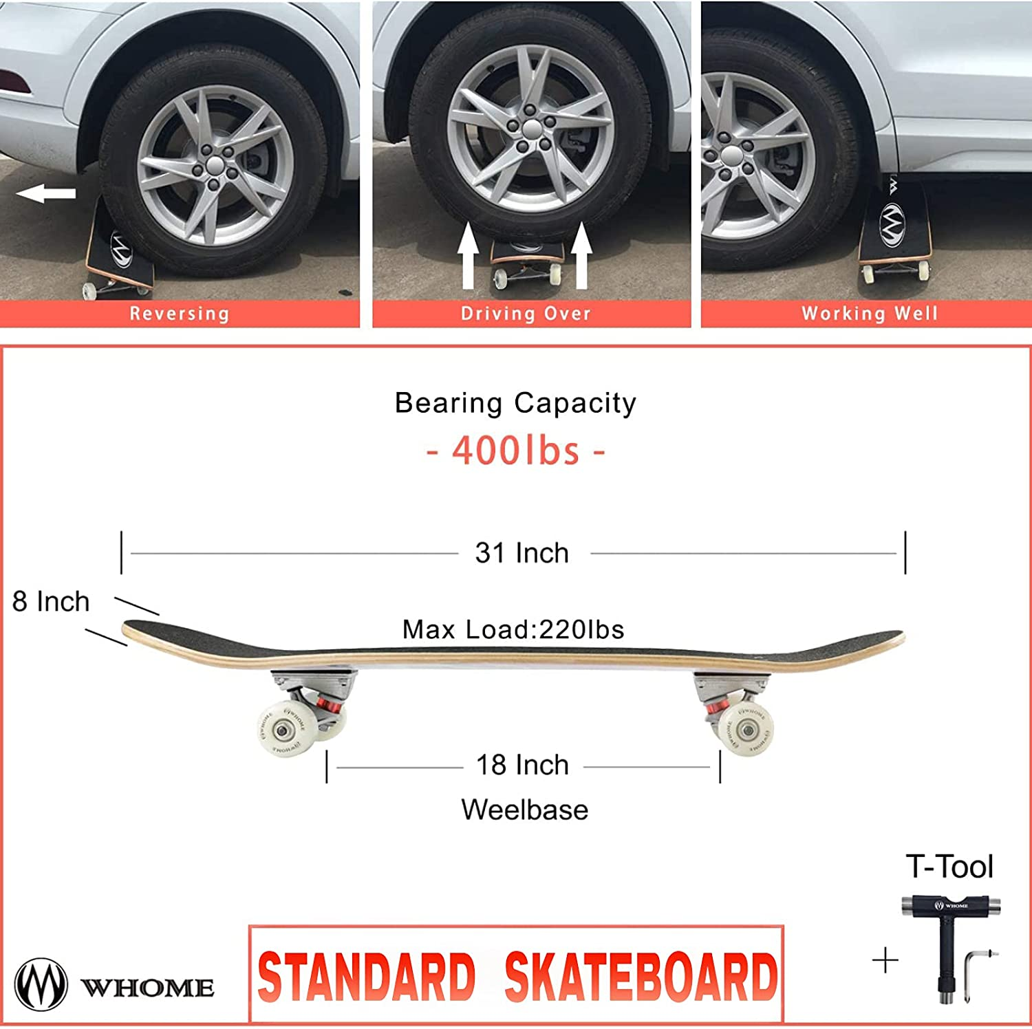 WHOME 31 Inch Double Kick Concave Skateboard Complete Maple Deck PU Wheels ABEC-9 Bearings for Youths Adults Kids Includes T-Tool - Fresh image number 4