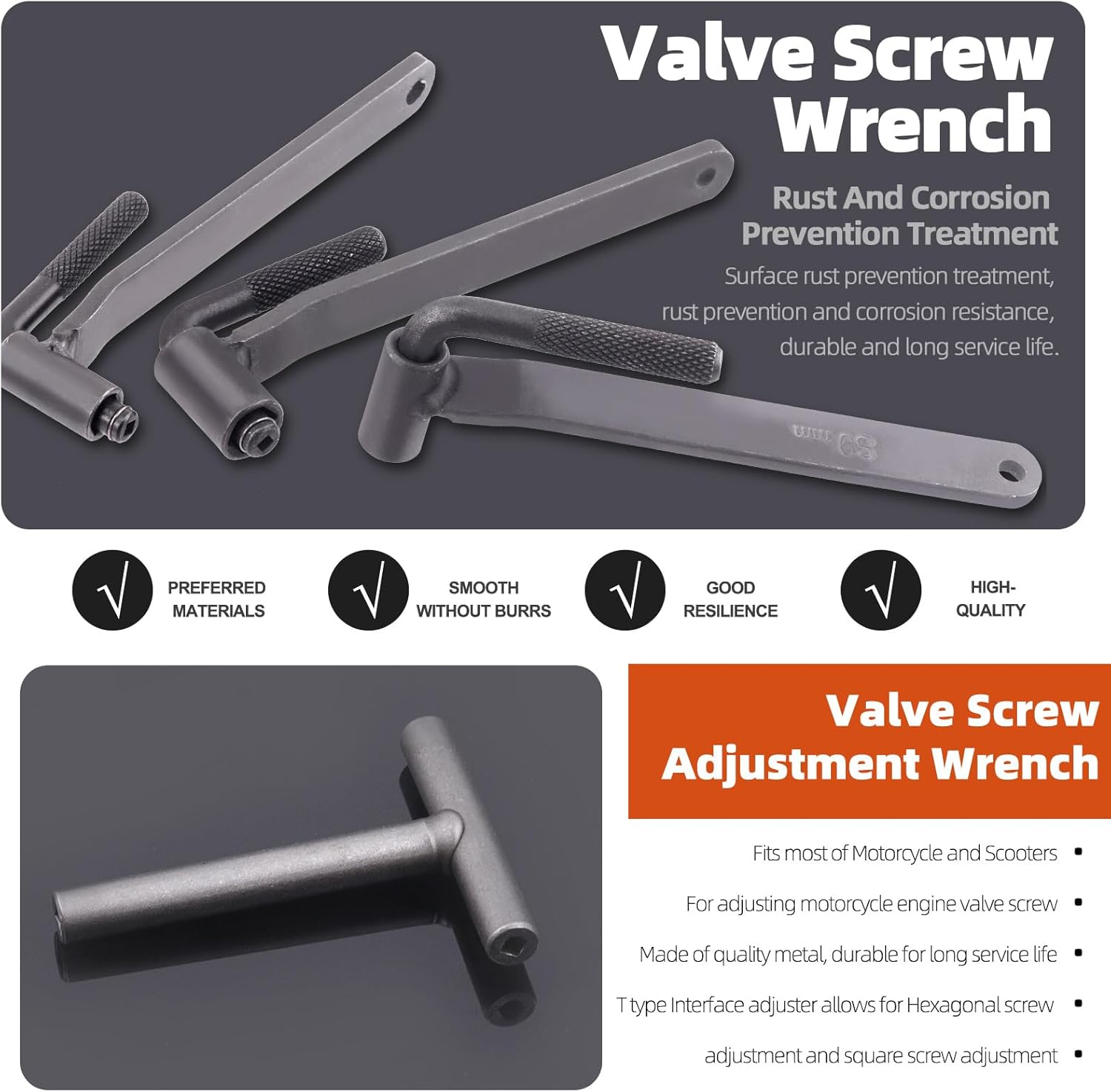 Tanstic 5Pcs Motorcycle Engine Valve Adjustment Tool Set, 8Mm 9Mm 10Mm Valve Screw Spanner, Engine Valve Screw Repair Wrench, Valve Adjusting Square Hexagonal Spanner with Feeler Gauge image number 6