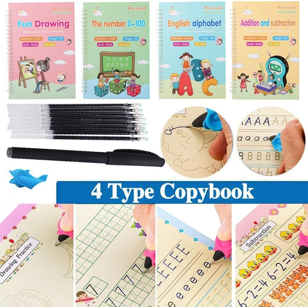 Magic Practice Copybook - Handwriting Practice Workbook for Kids, Magical Reusable Writing Practice Book with Magic Pen, Tracing Groove Book for Children Learning - 4 the Print Book Set image number 2