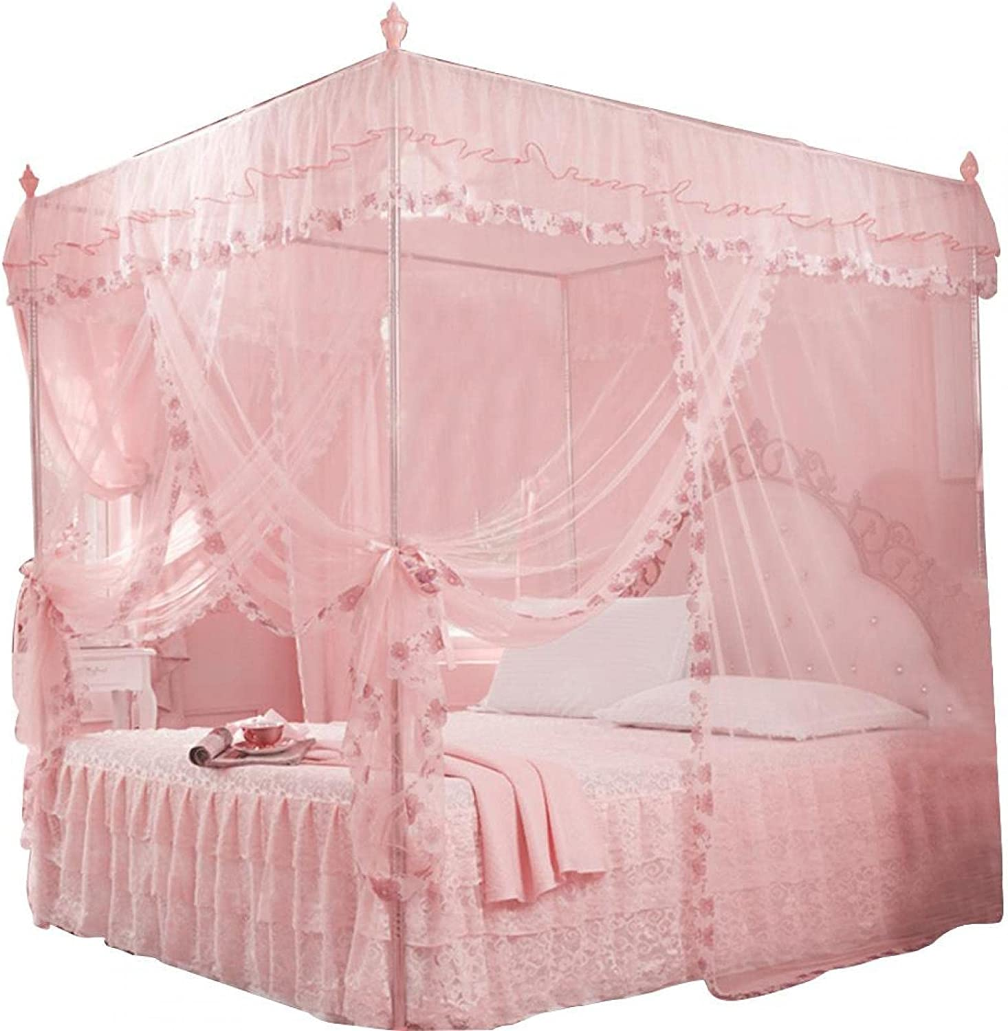 4 Corner Post Mosquito Net, Princess Bed Canopy, Breathable Bed Curtain Full Queen Size Bedroom Decoration #20 (150 * 200 * 200-Pink) - 06 image number 4