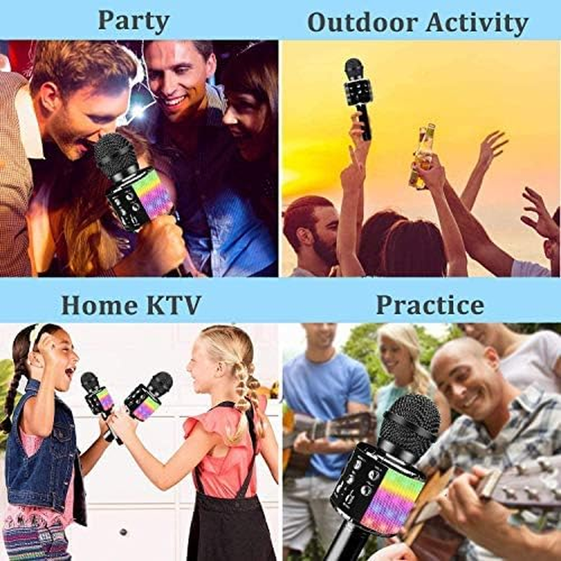 Wireless Bluetooth Karaoke Microphone with Controllable LED Lights, Xkey 4 in 1 Portable Karaoke Machine Speaker for Android/Iphone/Pc, Best Gifts Toys for Girls & Boys (Black1) - Black-2Pcs image number 4