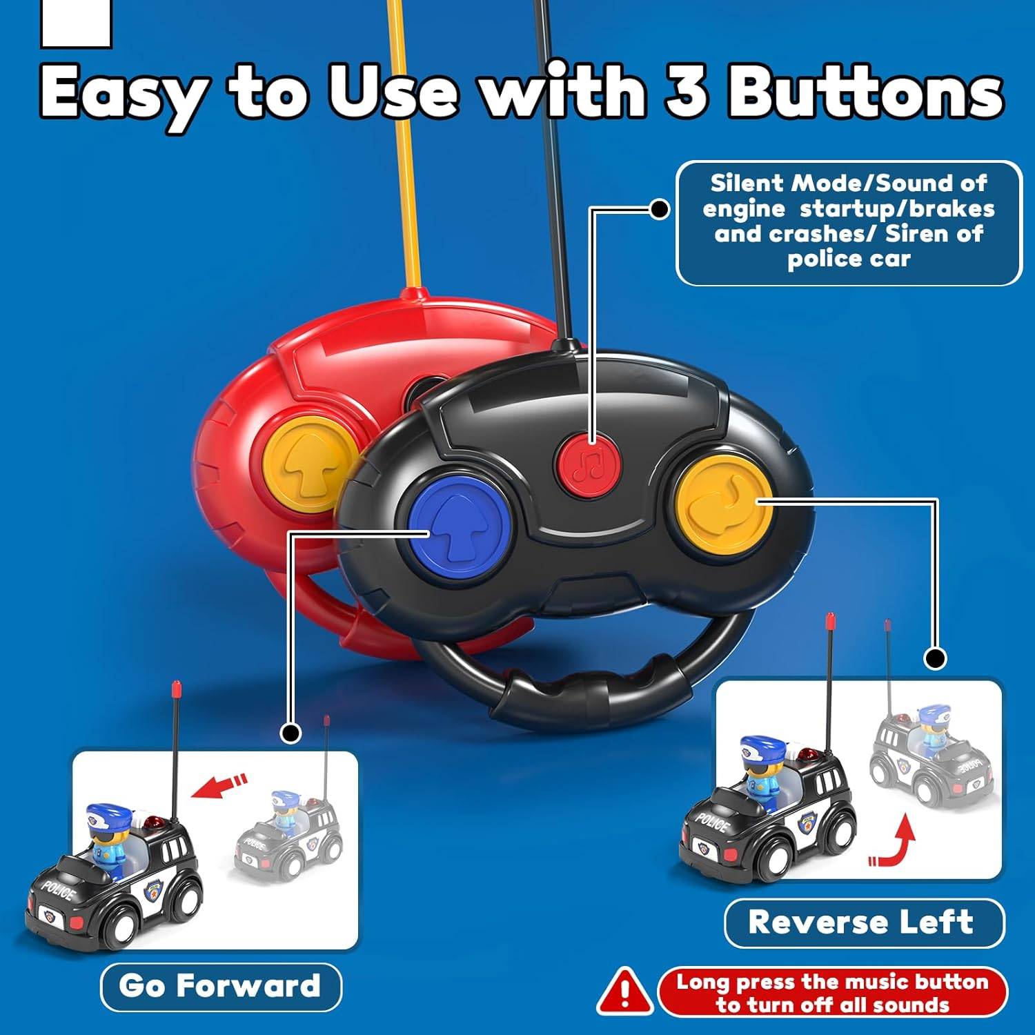 Lehoo Castle Remote Control Cars, Toys for 2 Year Old Boy, Remote Control Bumper Cars, 2 Pack RC Car Pop-Up Race & Police Car Toy, Gifts for 2 Year Old Boys with Lights & Music image number 2