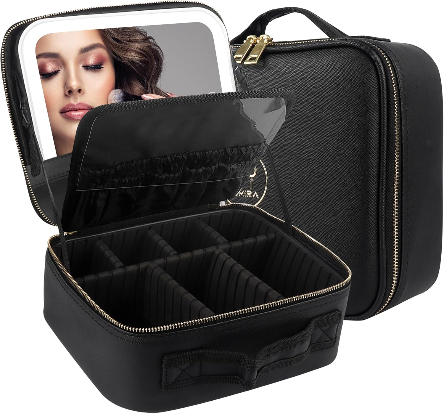 MOMIRA Travel Makeup Bag Cosmetic Bag Makeup Organizer Bag with Lighted Mirror, Adjustable Brightness in 3 Color Scenarios, Waterproof Makeup Train Case, Gift for Women - Apricot(Woven)