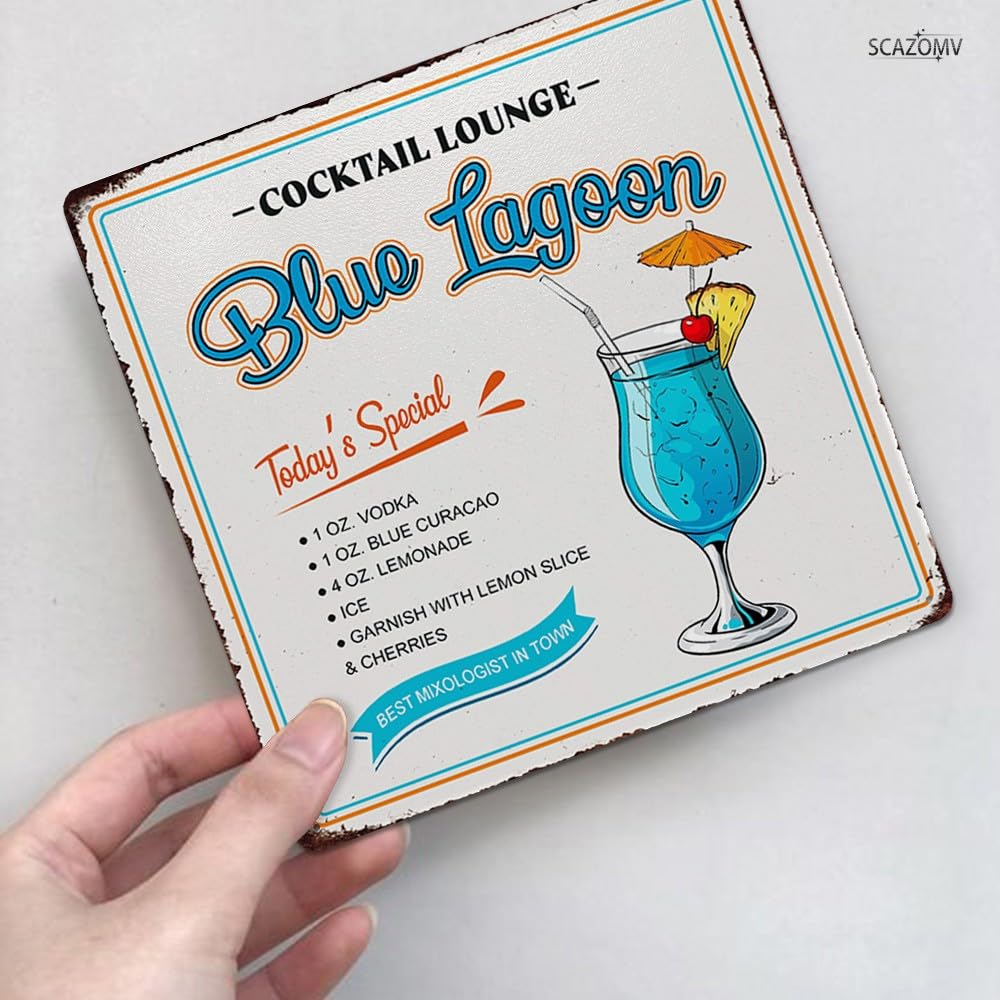 Cocktail Poster Vintage Metal Signs, Blue Lagoon Cocktail Recipes Tin Sign Decoration Bar Accessories Hanging Crafts Home Kitchen Pub Man Cave Wall Art Decor 8X8 Inch - Color060702 image number 6
