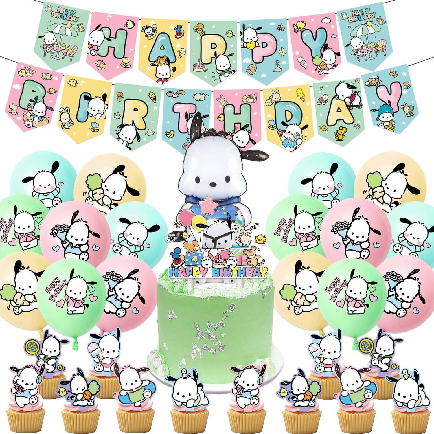 Pochacco Birthday Party Decorations, Kawaii Cartoon Party Supplies with Banner, Cupcake Cake Toppers and Foil Balloons Party Favors for Fans Birthday Background Decorations image number 6