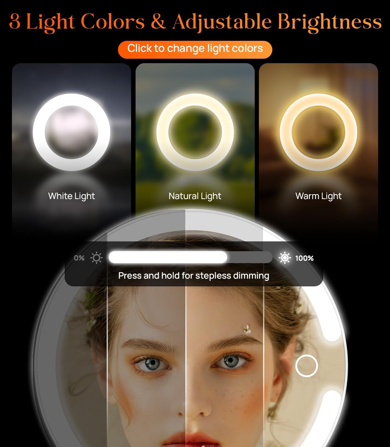 Gospire Magnifying Mirror with Light, 10X / 1X Double-Sided Makeup Mirror, 3 Colours, Dimmable Cosmetic Mirror with Lighting, 3-In-1 Travel Makeup Mirror, White image number 1