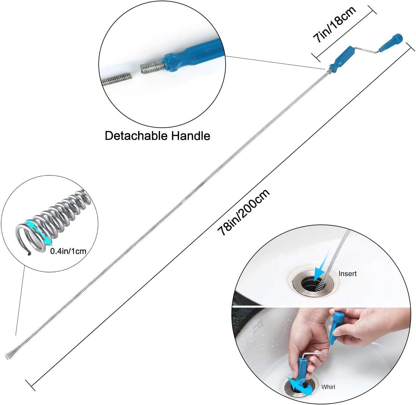 Drain Unclogged Snake Plumbing Tool - 200CM Sewer Toilet Dredge, 60CM Sink Clog Remover, 70CM Hair Clog Tool, 6-In-1 image number 1