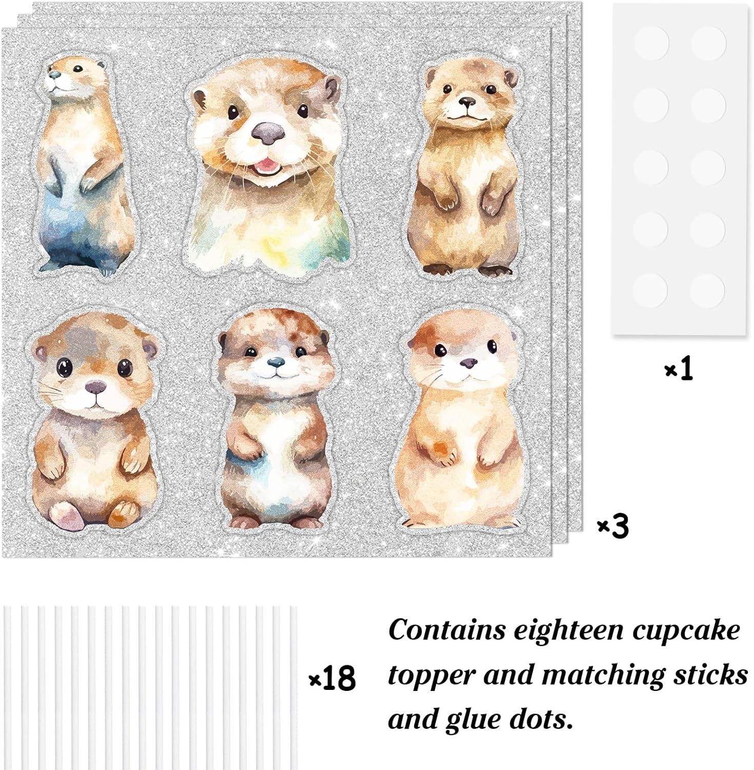 18Pcs Cute Cartoon Otter, Sea Otter Animal Them Happy Birthday Cupcake Decorations Set - Perfect for Boys Girls Birthday Party, Baby Shower, Animal Theme Party Kawaii Zoo Decoration Supplies - LIANGSS image number 2