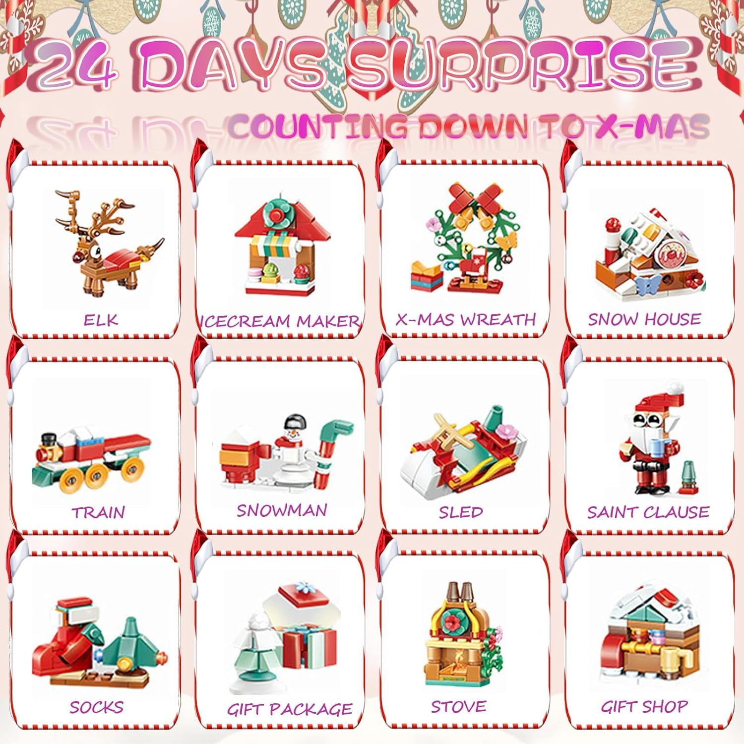 Christmas Building Blocks Advent Calendar 2025, Christmas Reindeer Sleigh Building Set 24 Days Surprises Advent Countdown Gift Box for Kids 6-12 Year, Xmas Santa Elk Sleigh Block STEM Toys Age 6+ image number 3