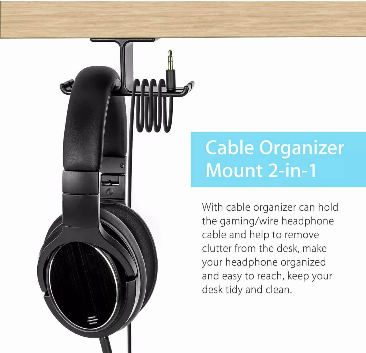 AIMALL Universal DJ Headphone Hanger Hook - Dual Headset Mount Holder under Desk with Cable Organizer, Sturdy Aluminum Alloy, Easy Installation - Silver image number 6