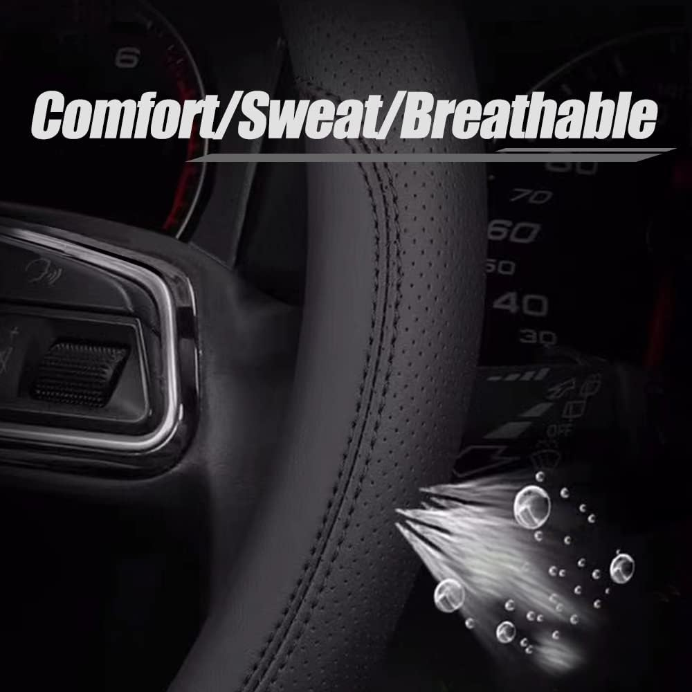 Ultra-Thin Leather Steering Wheel Cover &ndash; Non-Slip, Breathable Grip for Universal 15-Inch Wheels &ndash; Premium Black Stitching & Heat-Resistant Design (Black and White) image number 2