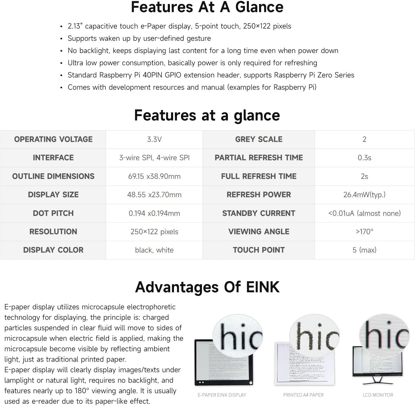 Waveshare 2.13Inch Touch E-Paper E-Ink Display for Raspberry Pi Zero 250&times;122 Pixels Supports Partial Refresh with ABS Protection Case image number 2