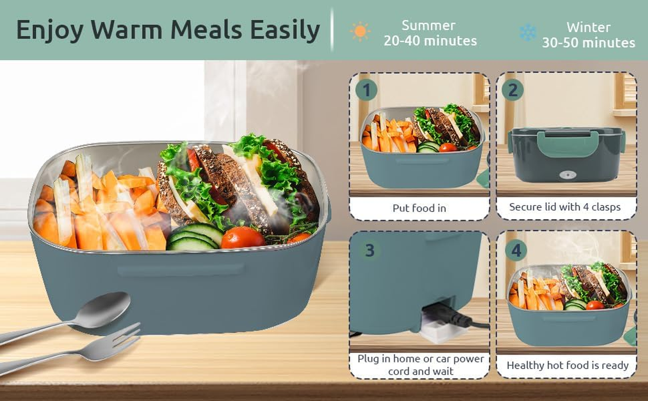Electric Lunch Box Food Heater for Adults, 12/24/220V Portable Stainless Steel Lunch Warmer, Leak Proof, Heated Lunch Box for Car/Truck/Office with Stainless Fork & Spoon & Carry Bag image number 4