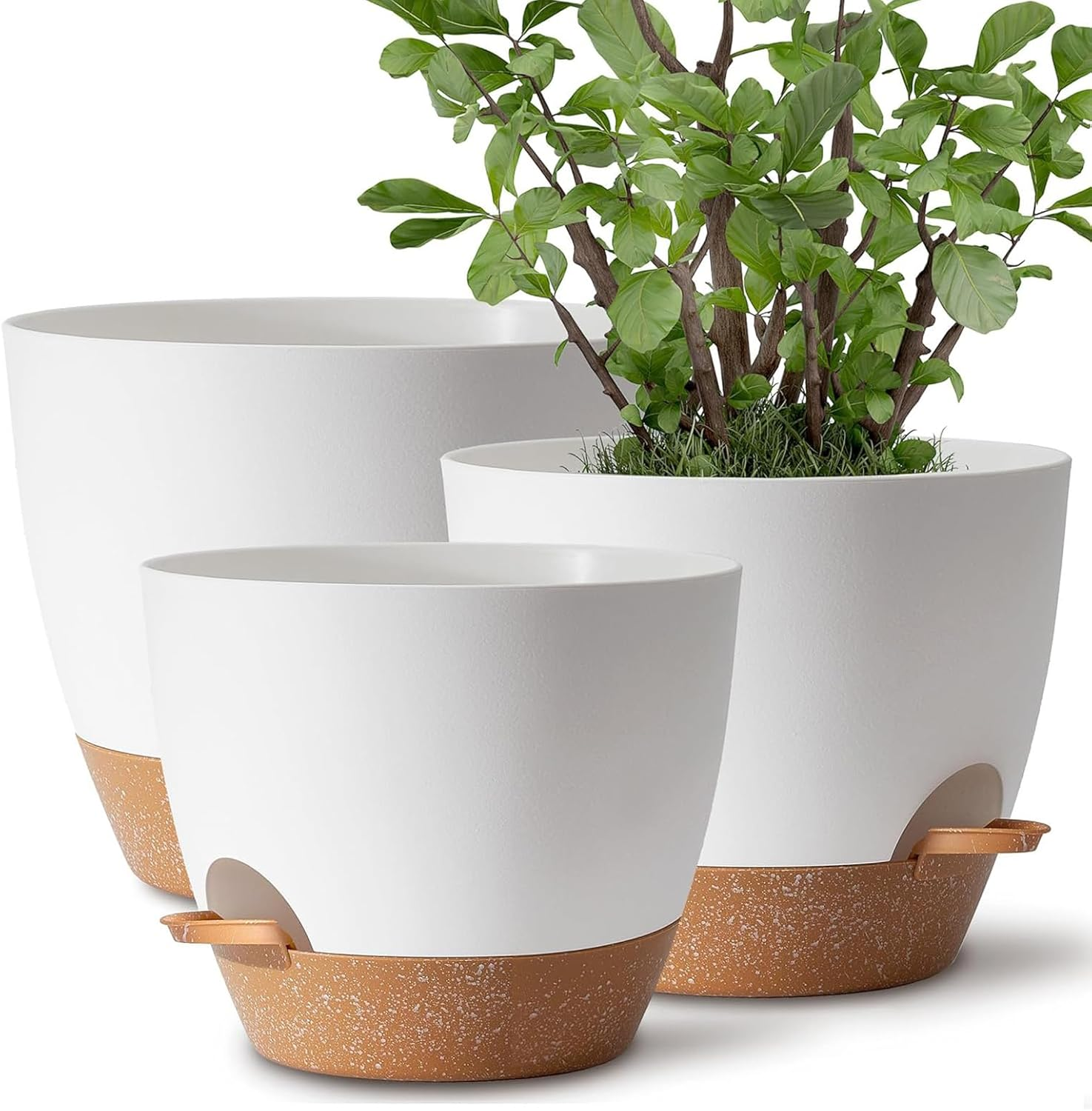 Set of 3 Plant Pots, 20CM, Self-Watering Flower Pots for Indoor and Outdoor Use, Planters with Drainage Hole and Saucer Reservoir, White image number 4