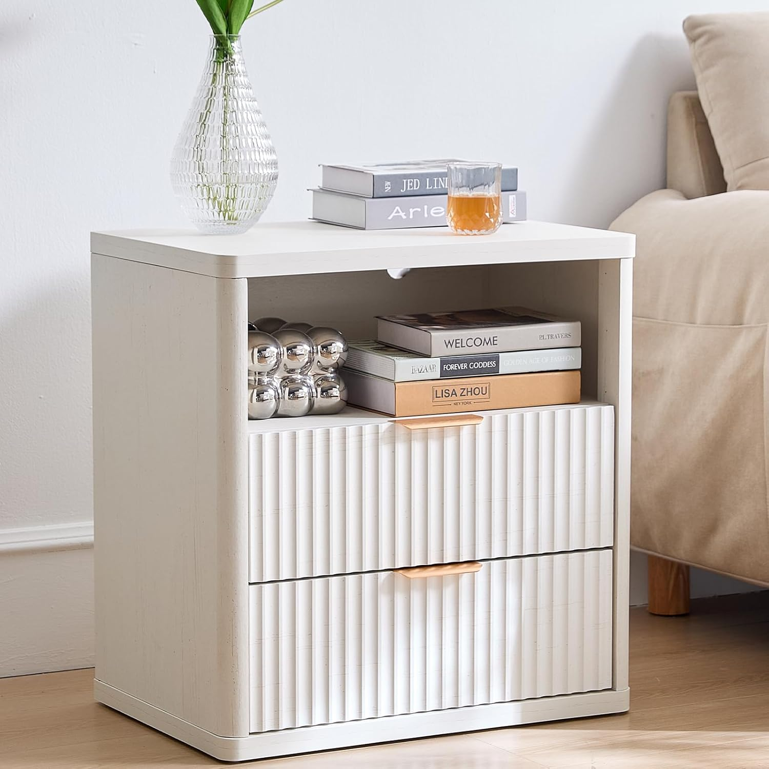 LELELINKY 58 X 39 Cm Fluted Bedside Table with 2 Drawers,Modern White Bed Side Tables Storage Chest of Drawers with Open Shelf,Wood Nightstand Cabinet with Metal Handles for Bedroom,Living Room image number 1