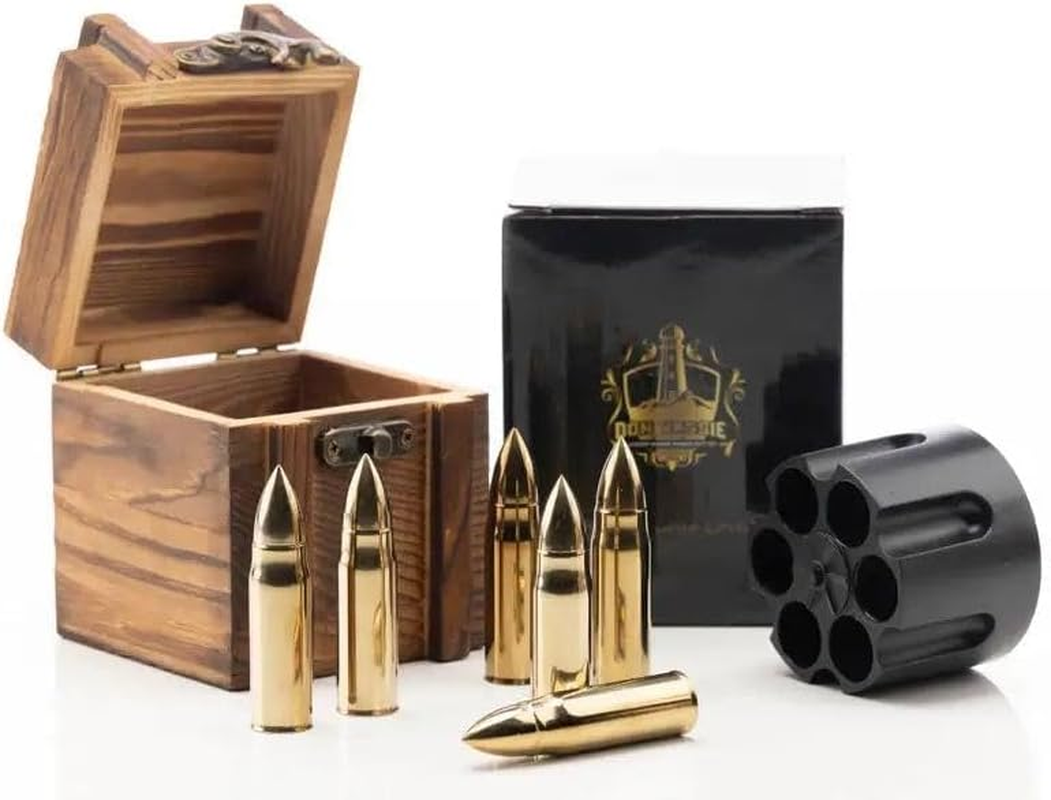 Don Vassie XL Whisky Bullet Chillers 6 Pcs Golden with a Revolver Base and a Wooden Box